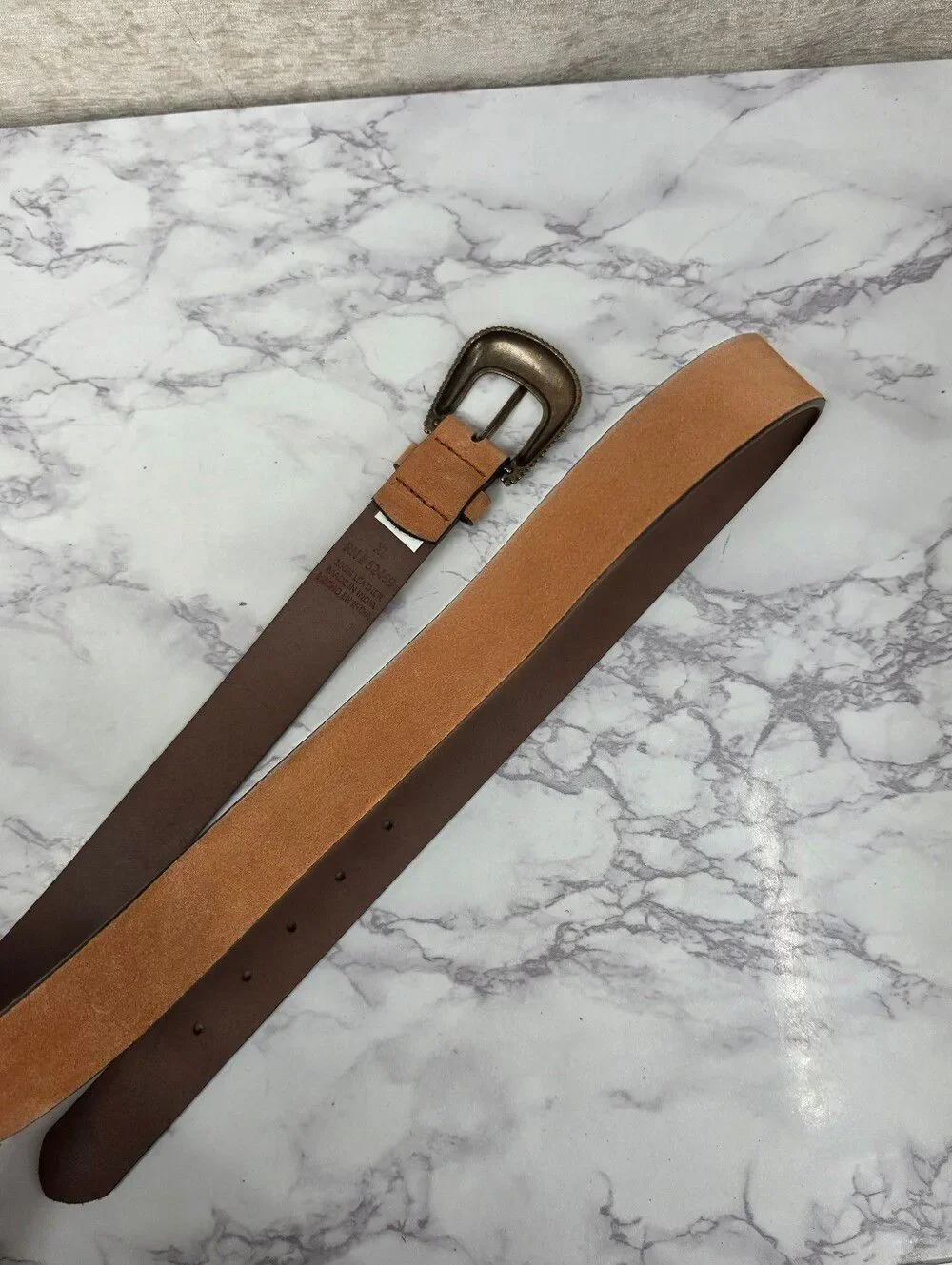 Tan Suede Leather Belt with Antiqued Brass Tone Buckle
